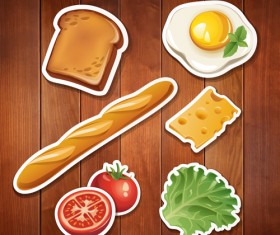 Food stickers and wood background creative vectors 05
