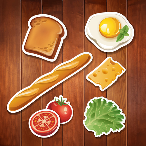 Food stickers and wood background creative vectors 05