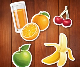 Food stickers and wood background creative vectors 06