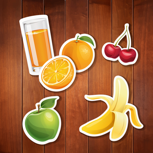 Food stickers and wood background creative vectors 06