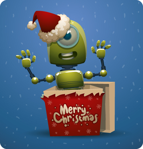 Funny christmas robot 2016 gift card vector free download