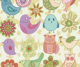 Hand drawn cartoon animal and flower vector setmaless pattern