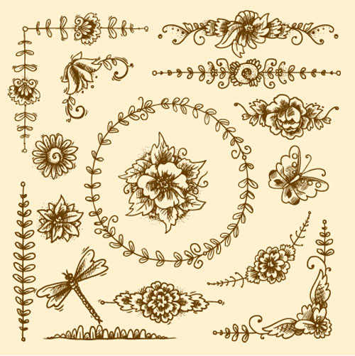 Hand drawn flower ornaments with butterfly and dragonfly vector