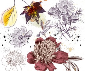 Hand drawn flower with leaves grunge background vector