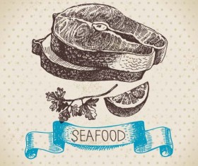 Hand drawn seafood with ribbon vectors 01