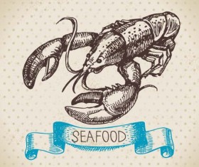 Hand drawn seafood with ribbon vectors 02