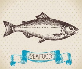 Hand drawn seafood with ribbon vectors 03