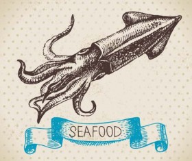 Hand drawn seafood with ribbon vectors 04