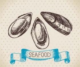 Hand drawn seafood with ribbon vectors 07