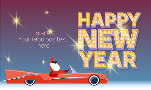 Happy new year neon with red car background vector