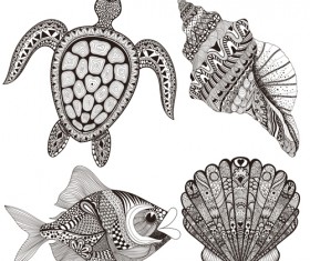 Marine animals with floral pattern vector 03