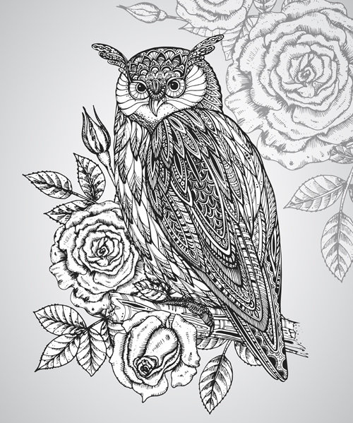 Owl with ornament floral vector 03