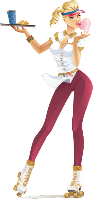Roller skate with woman waiter vector 01