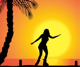 Rollerblading girl silhouetter with sunset background vector