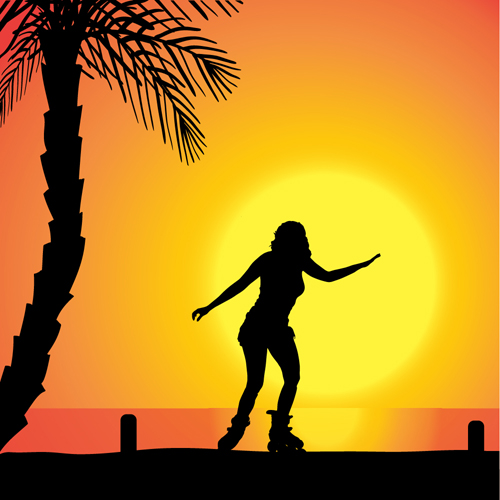 Rollerblading girl silhouetter with sunset background vector