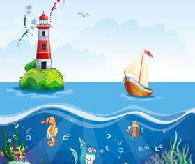 Sea with underwater world cartoon vector 02
