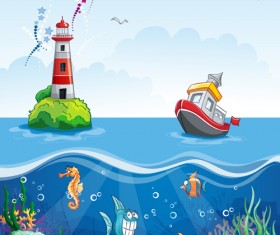 Sea with underwater world cartoon vector 05