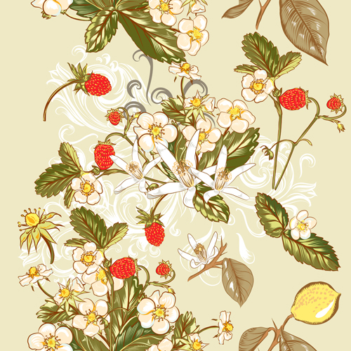 Seamless white flowers with  wild strawberry vector pattern