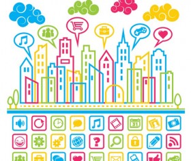 Social media Icons with city building vector