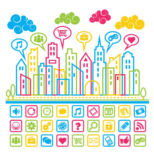Social media Icons with city building vector