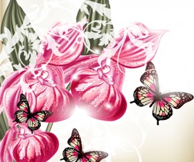 Vintage flowers with butterflies vector 01