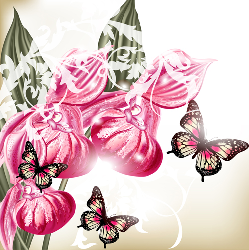 Vintage flowers with butterflies vector 01