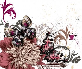 Vintage flowers with butterflies vector 02