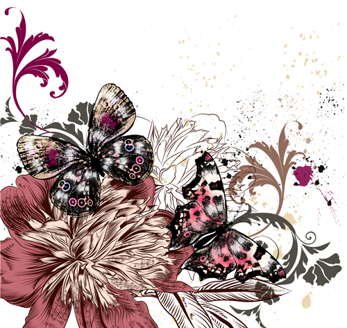Vintage flowers with butterflies vector 02