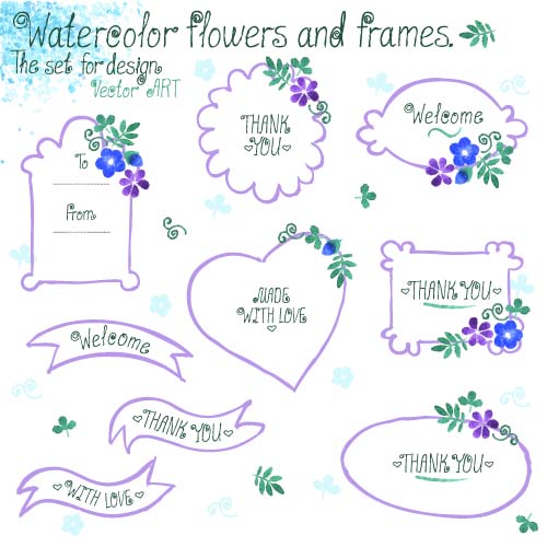 Watercolor flower with frames vector 01