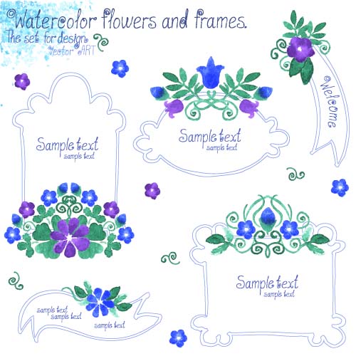 Watercolor flower with frames vector 02