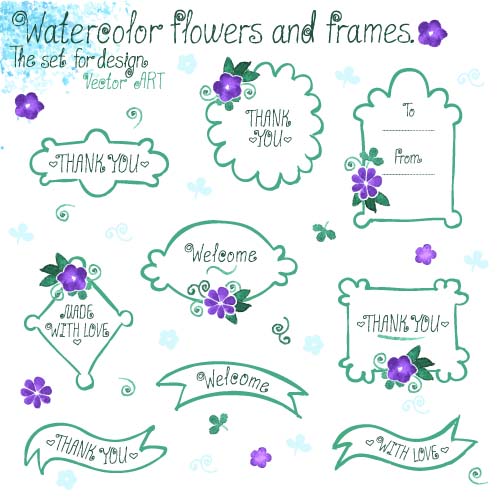 Watercolor flower with frames vector 03