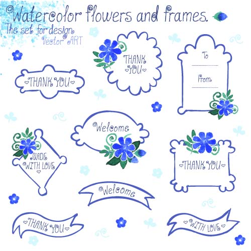 Watercolor flower with frames vector 05