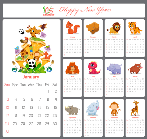 lovely animal calendar 2016 vector graphics 01