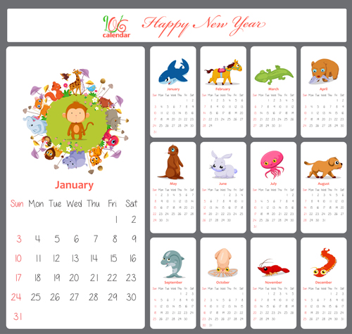 lovely animal calendar 2016 vector graphics 02
