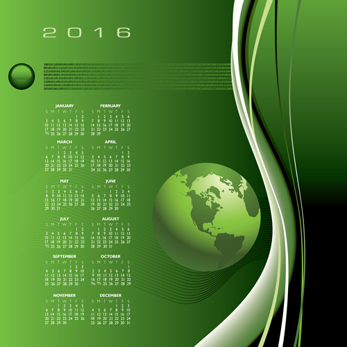 2016 Calendar with green globe vector 01