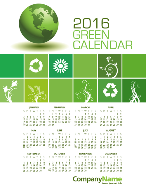 2016 Calendar with green globe vector 03