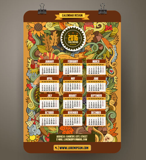 2016 Calendar with ornaments pattern vector 02