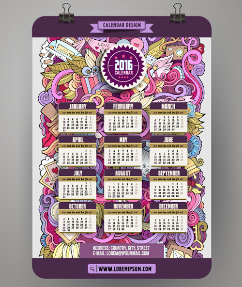 2016 Calendar with ornaments pattern vector 03