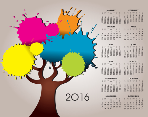 2016 Calendars with watercolor tree vector