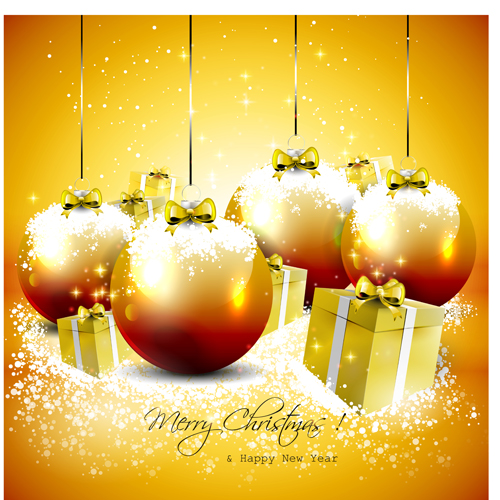016 Christmas golden baubles with gift box vector