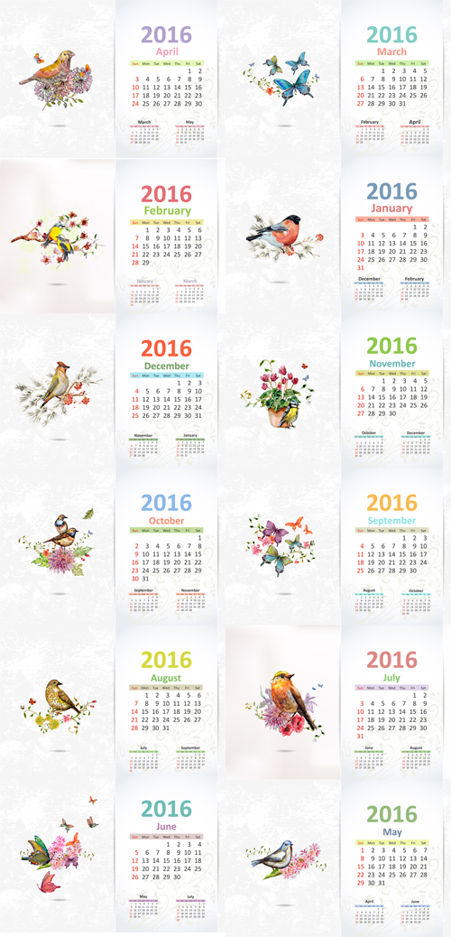 2016 calendar with watercolor painting vector