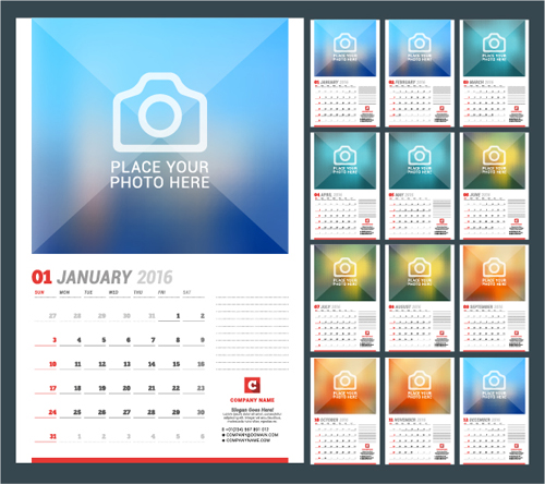 2016 desk calendar template vectors set 01