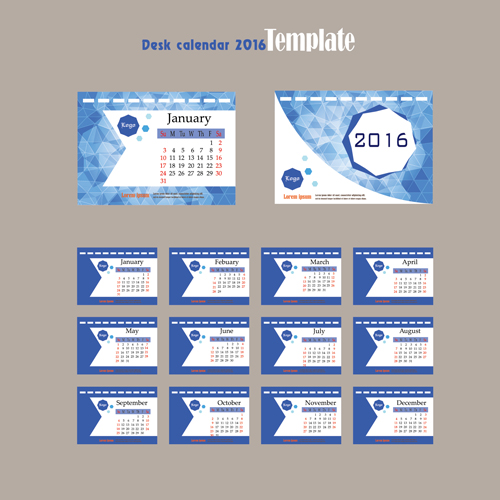 2016 desk calendar template vectors set 10