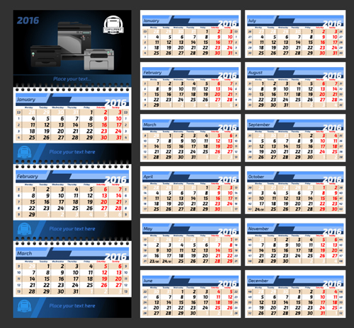 2016 desk calendar template vectors set 12