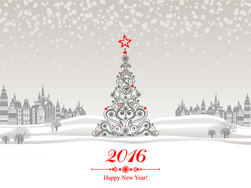 2016 new year with christmas tree winter background vector 03