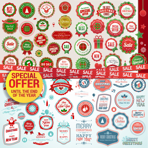 Badges with labels christmas retro vector