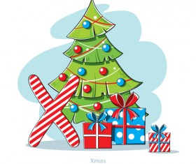 Cartoon christmas gift with xmas tree vector