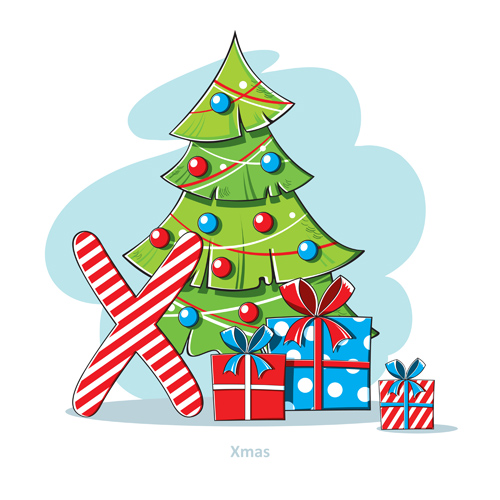 Cartoon christmas gift with xmas tree vector free download