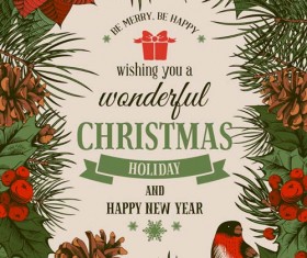 Christmas cards holly berries and fir-cone with bird vector 01