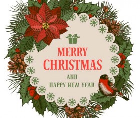 Christmas cards holly berries and fir-cone with bird vector 02